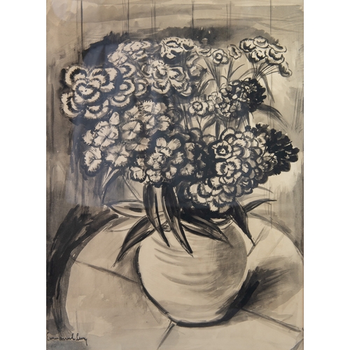 83 - EMMANUEL LEVY (1900-1986) MONOCHROME WATERCOLOUR ON PAPER IN SHADES OF BLACK ‘Vase of Pansies’ on a ... 