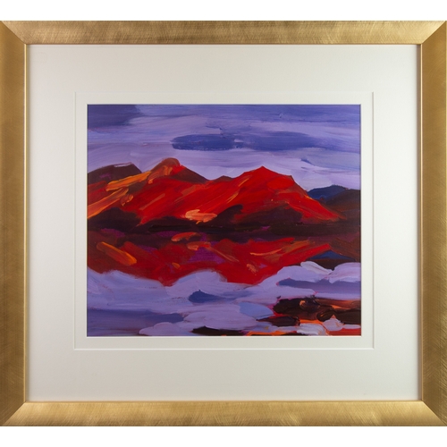 163 - LIAM SPENCER (b.1964) OIL ON BOARD ‘Red Mountain Sunset’ of a fauvist mountain rage painted red in t... 