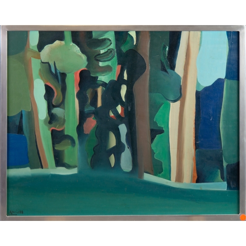 154 - MICHAEL SMIDT (b.1954) OIL ON BOARDAbstract woodland scene with waterfallUntitled but signed lower l... 