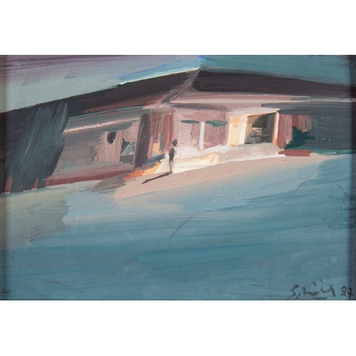 151 - MICHAEL SMIDT (b.1954)OIL ON BOARDSTwo miniature paintings of a lake side pavilion, one exterior vie... 