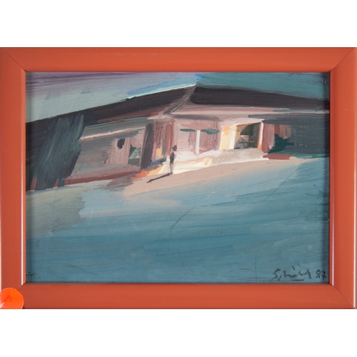 151 - MICHAEL SMIDT (b.1954)OIL ON BOARDSTwo miniature paintings of a lake side pavilion, one exterior vie... 