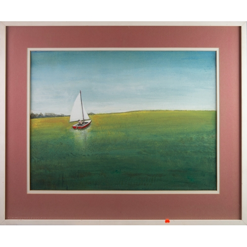 153 - MICHAEL SMIDT (b.1954) OIL ON BOARD‘Sailing to Greener Pastures’ of a man in a small yacht sailing u... 