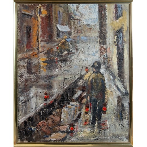 27 - E.W. FINLEY {Ted Finley} (1907-1979) OIL ON BOARD ‘Street Up’ of a workman putting out lamps for roa... 