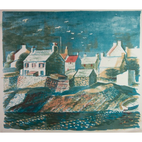 62 - NORMAN C JAQUES (1926-2014) ORIGINAL COLOURED LITHOGRAPH 'Moelfre Bay' cottages and beached boats Si... 