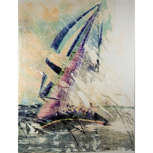 204 - GILL STORR (MODERN)MIXED MEDIA ON CANVAS‘High Winds’ Signed, titled to gallery label verso 31 ½” x 2... 