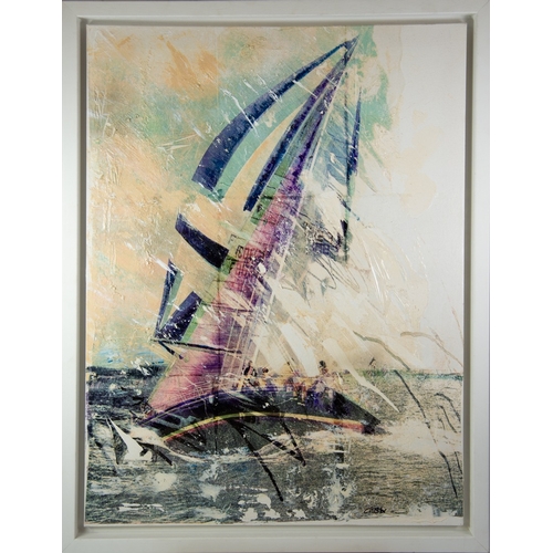 204 - GILL STORR (MODERN)MIXED MEDIA ON CANVAS‘High Winds’ Signed, titled to gallery label verso 31 ½” x 2... 