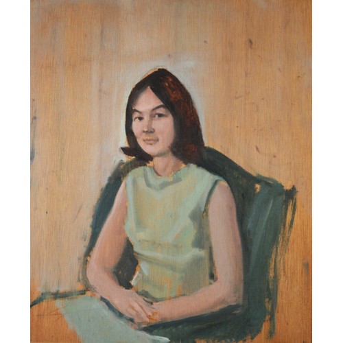 142 - HARRY RUTHERFORD (1903 - 1985) OIL PAINTING ON BOARD Half-length portrait of a young woman seated we... 