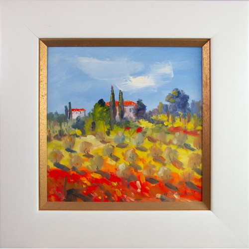 14 - RICHARD CLARE (b.1964) OIL ON BOARD ‘Poppies and Olive Trees near Sienna’ 12” sq. (30.5 cm sq.) fram... 