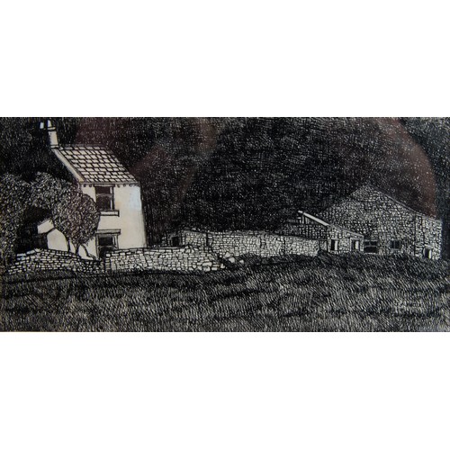 183 - JOHN A VIRTUE (1947) PEN AND INK Farm buildingsSigned 5” x 10 ¼” (12.7cm x 26cm)PLEASE NOTE: This ar... 