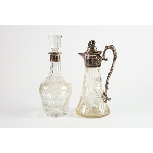 488 - CUT GLASS DECANTER AND STOPPER WITH PLAIN SILVER COLLAR, wheel cut with a border of flower heads, le... 