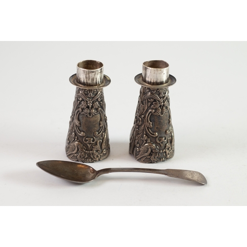 491 - PROBABLY WILLIAM COMYNS PAIR OF LATE VICTORIAN EMBOSSED SILVER CONICAL FORM CANDLESTICK INSERTS feat... 