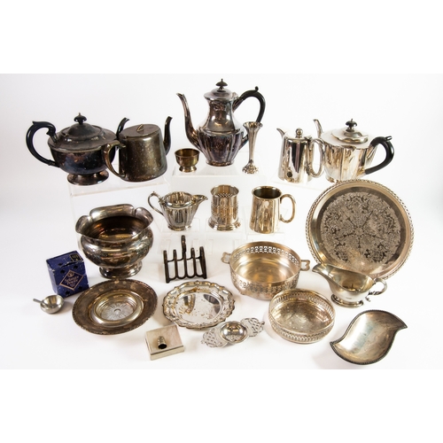 525 - MIXED LOT OF ELECTROPLATE, to include: THREE PIECE TEASET, PEDESTAL DISH, PAIR OF COASTERS, ENTRÉE D... 