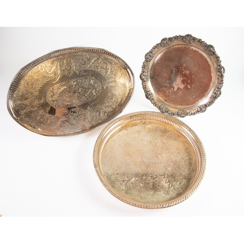 526 - THREE ELECTROPLATED TRAYS, one, oval galleried with chased centre, 18” x 12” (45.7cm x 30.5cm), anot... 