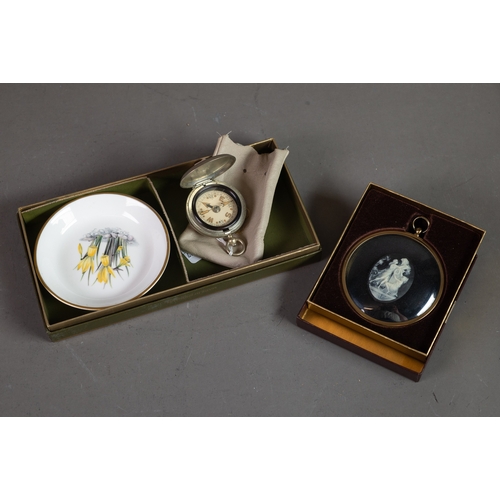 57 - PETER BAKER LTD MODERN 'DANCERS IN CAMEO' in circular frame; BOXED METAL HUNTING CASED POCKET COMPAS... 