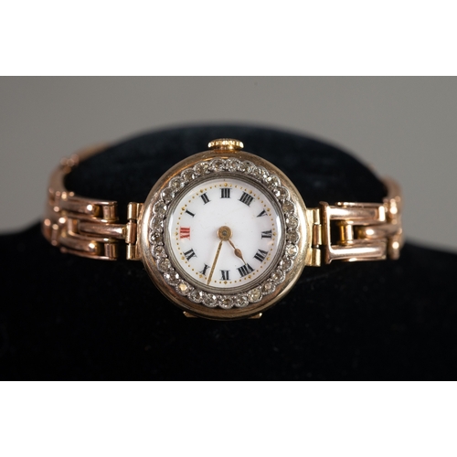 6 - LADY'S 18ct GOLD WRIST WATCH with mechanical movements, white porcelain white roman dial, the besel ... 