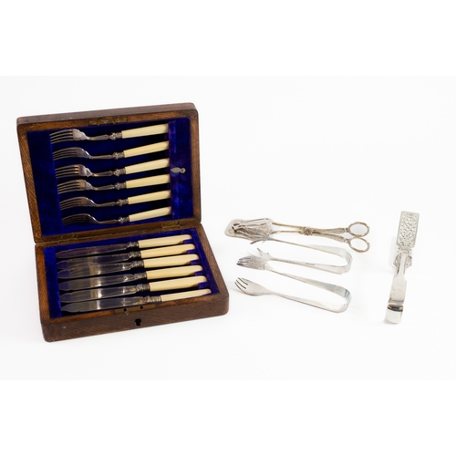 522 - OAK CASED SET OF SIX PAIRS OF FISH EATERS WITH IVORINE HANDLES and SILVER FERRULES, Sheffield 1919, ... 