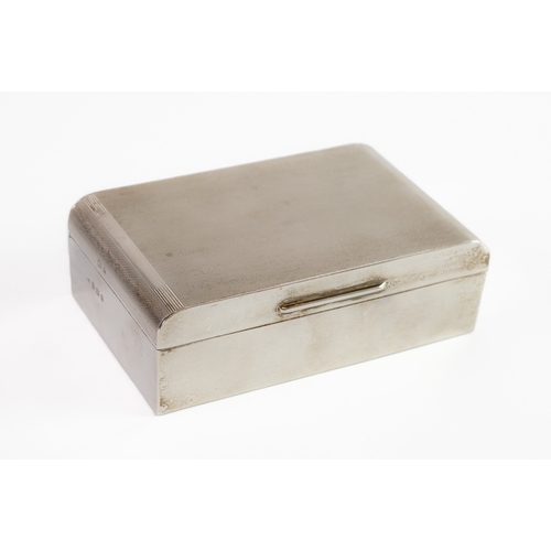 481 - ENGINE TURNED SILVER CLAD TABLE CIGARETTE BOX, with hardwood lined interior and rounded ends to the ... 