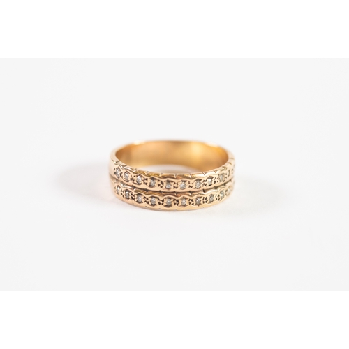 133 - GOLD COLOURED METAL HALF ETERNITY RING, the two strand top set with twenty-four tiny diamonds, 5gms,... 