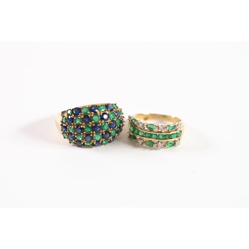 130 - 9ct GOLD QVC TRIPLE STRAND HALF HOOP RING, set with numerous small emeralds and eight small diamonds... 