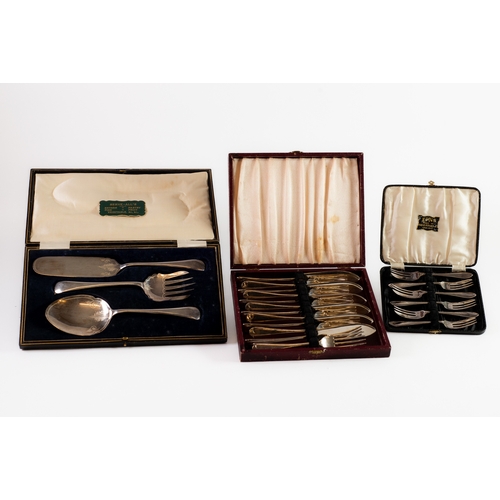 512 - FOUR INTER-WAR YEARS CASED SETS OF FISH KNIVES & FORKS, CAKE FORKS, SERVING UTENSILS, and TEASPO... 