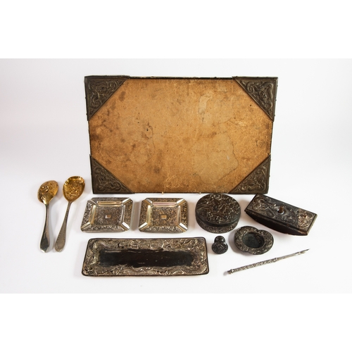 509 - FOUR PIECE CHINESE EMBOSSED ANTIMONY WRITING SET, including blotter (handle loose), pen tray and ink... 