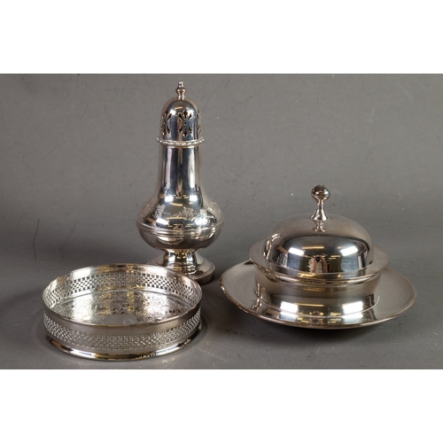 518 - THREE PIECES OF ELECTROPLATE, comprising: CIRCULAR MUFFIN DISH AND COVER WITH INTEGRAL STAND, PEDEST... 