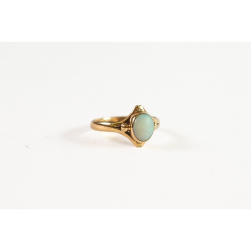 142 - 9ct GOLD RING, collet set with a cabochon oval opal, with fancy split shoulders, 1.9gms, ring size N