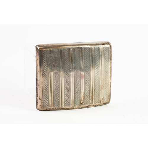 490 - SILVER POCKET CIGARETTE CASE, curved oblong and cushion shaped with striped engine turned decoration... 