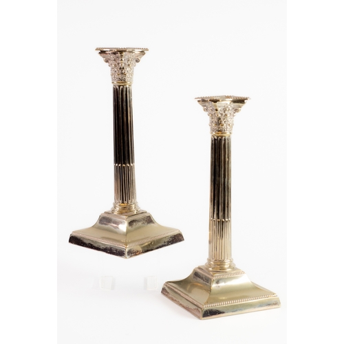 515 - PAIR OF EDWARDIAN ELECTRO-PLATED CORINTHIAN COLUMN CANDLESTICKS WITH REMOVABLE SCONCES (2)