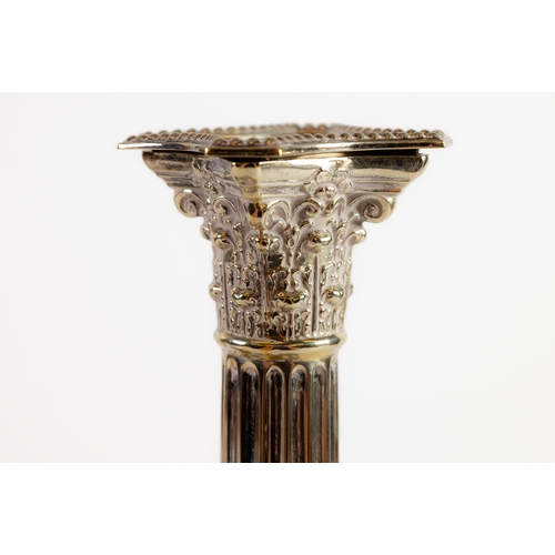 515 - PAIR OF EDWARDIAN ELECTRO-PLATED CORINTHIAN COLUMN CANDLESTICKS WITH REMOVABLE SCONCES (2)