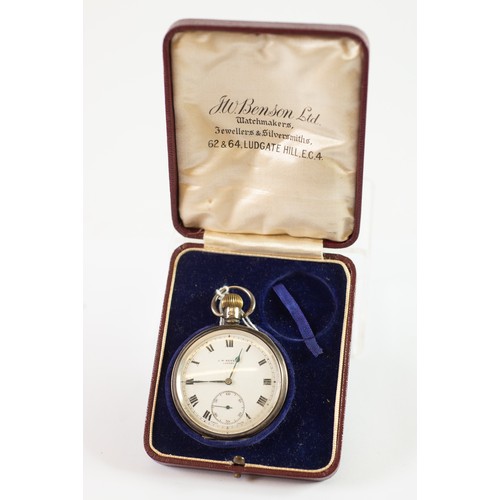 18 - J.W. BENSON, LONDON, OPEN-FACED POCKET WATCH with keyless movement, white roman dial with subsidiary... 