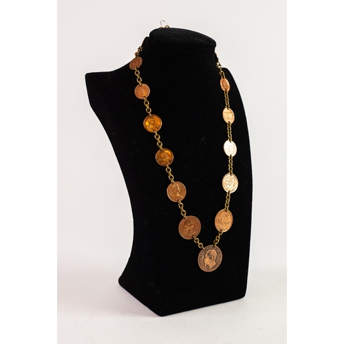 102 - NECKLACE WITH FIFTEEN BRITISH, AMERICAN AND WORLD COINS, graduated in size with chain links