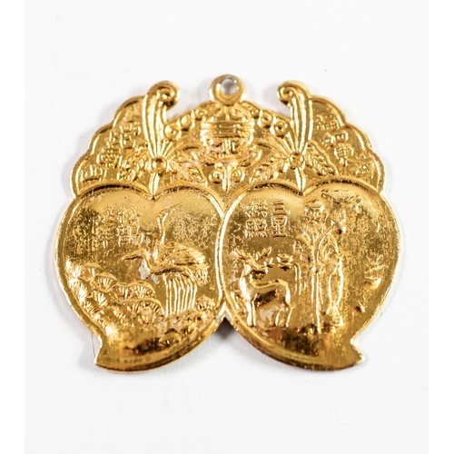 106 - CHINESE GOLD STAMPED EMBOSSED PANEL PENDANT with two pictorial heart shaped reserves, one with crane... 