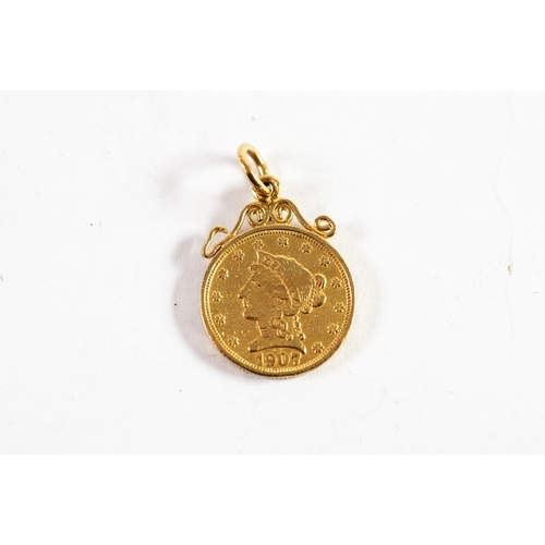 110 - USA GOLD 1907, 2 1/2 DOLLAR COIN, with soldered scroll mount as a pendant, 2cm diameter, 6.6gms gros... 