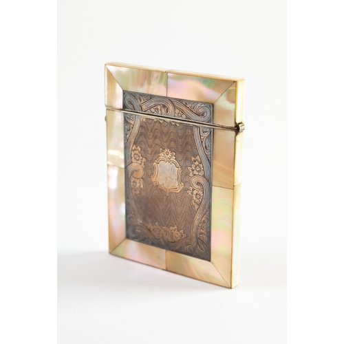 60 - MOTHER OF PEARL CARD CASE WITH ENGRAVED ELECTROPLATED FRONT, of typical form , the electroplated pan... 