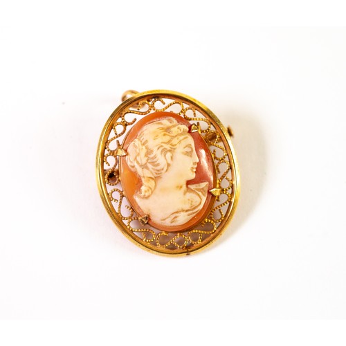 127 - OVAL SHELL CAMEO BROOCH / PENDANT in gold-plated openwork frame, 1 3/8