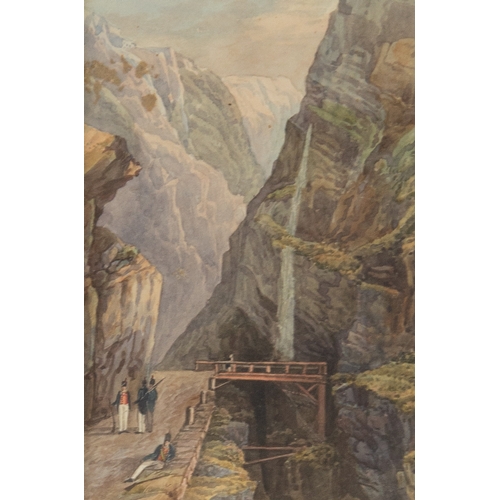 289 - UNATTRIBUTED (NINETEENTH CENTURY CONTINENTAL SCHOOL) WATERCOLOURFigures on a path in an alpine lands... 