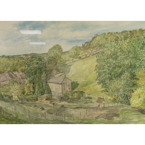 290 - DAVID GLUCK (1939-2007) WATERCOLOUR ‘Overlooking Mellor Church’ Signed and dated 1984 21” x 29 ½” (5... 