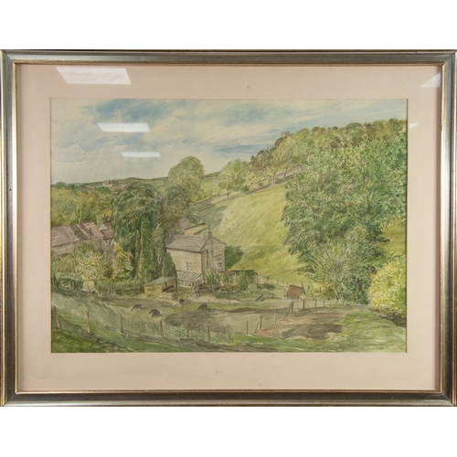 290 - DAVID GLUCK (1939-2007) WATERCOLOUR ‘Overlooking Mellor Church’ Signed and dated 1984 21” x 29 ½” (5... 