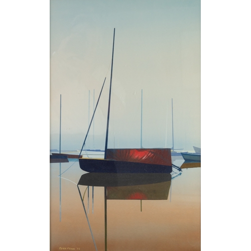 292 - PETER FRANK (TWENTIETH CENTURY) GOUACHE Moored yachts on calm water, ‘Quiescence’ Signed and dated (... 