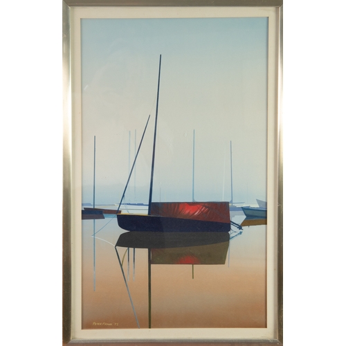 292 - PETER FRANK (TWENTIETH CENTURY) GOUACHE Moored yachts on calm water, ‘Quiescence’ Signed and dated (... 