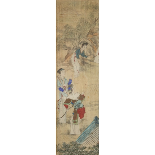 293 - UNATTRIBUTED (TWENTIETH CENTIURY CHINESE SCHOOL)PAIR OF GOUACHE DRAWINGS ON FABRICFigures in landsca... 