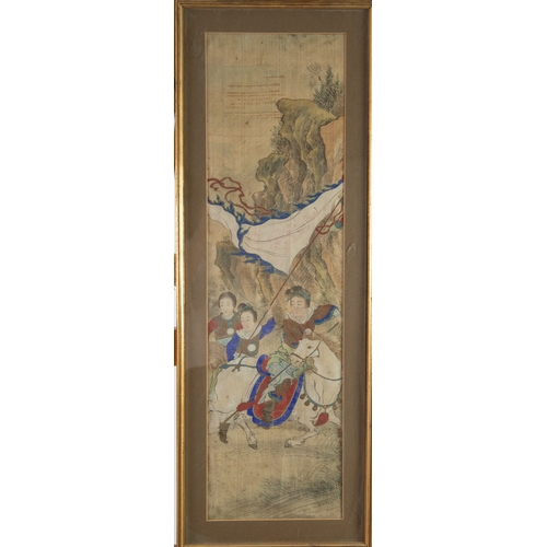 293 - UNATTRIBUTED (TWENTIETH CENTIURY CHINESE SCHOOL)PAIR OF GOUACHE DRAWINGS ON FABRICFigures in landsca... 