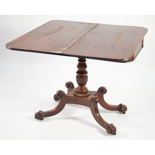 78 - REGENCY MAHOGANY FOLD OVER TEA TABLE, the top with reeded edge on ornate turned and gadroon carved c... 