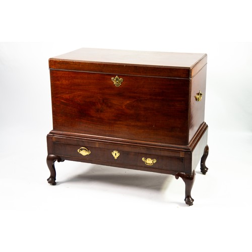 75 - GEORGE III EARLY 19TH CENTURY MAHOGANY BLANKET BOX ON STAND, plain with framed hinge top and origina... 