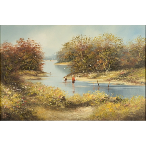 212 - LES PARSONS (1945)OIL ON CANVAS River scene with two children playing with pond yachtsSigned 19 ½” x... 