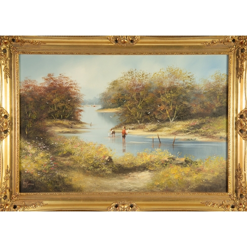 212 - LES PARSONS (1945)OIL ON CANVAS River scene with two children playing with pond yachtsSigned 19 ½” x... 
