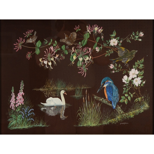 213 - E HOCKENHULL (TWENTIETH/ TWENTY FIRST CENTURY)GOUACHE ON BLACK FABRICRiver scene with swan and kingf... 