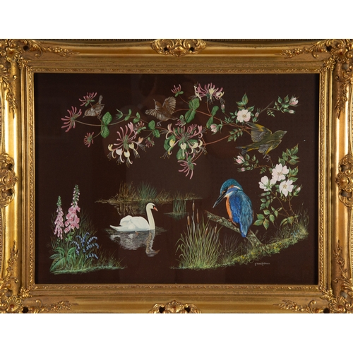 213 - E HOCKENHULL (TWENTIETH/ TWENTY FIRST CENTURY)GOUACHE ON BLACK FABRICRiver scene with swan and kingf... 