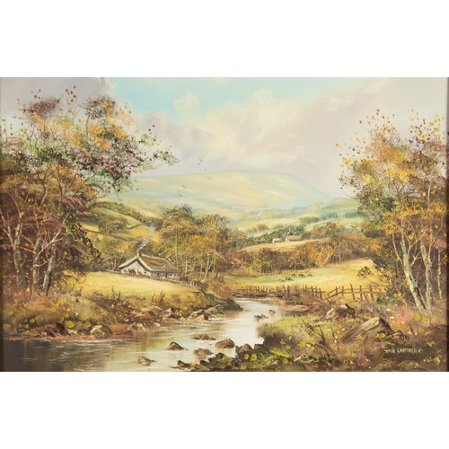 214 - JOHN CORCORAN (1940) OIL ON CANVAS Tranquil landscape with cottage and stream in the foreground Sign... 